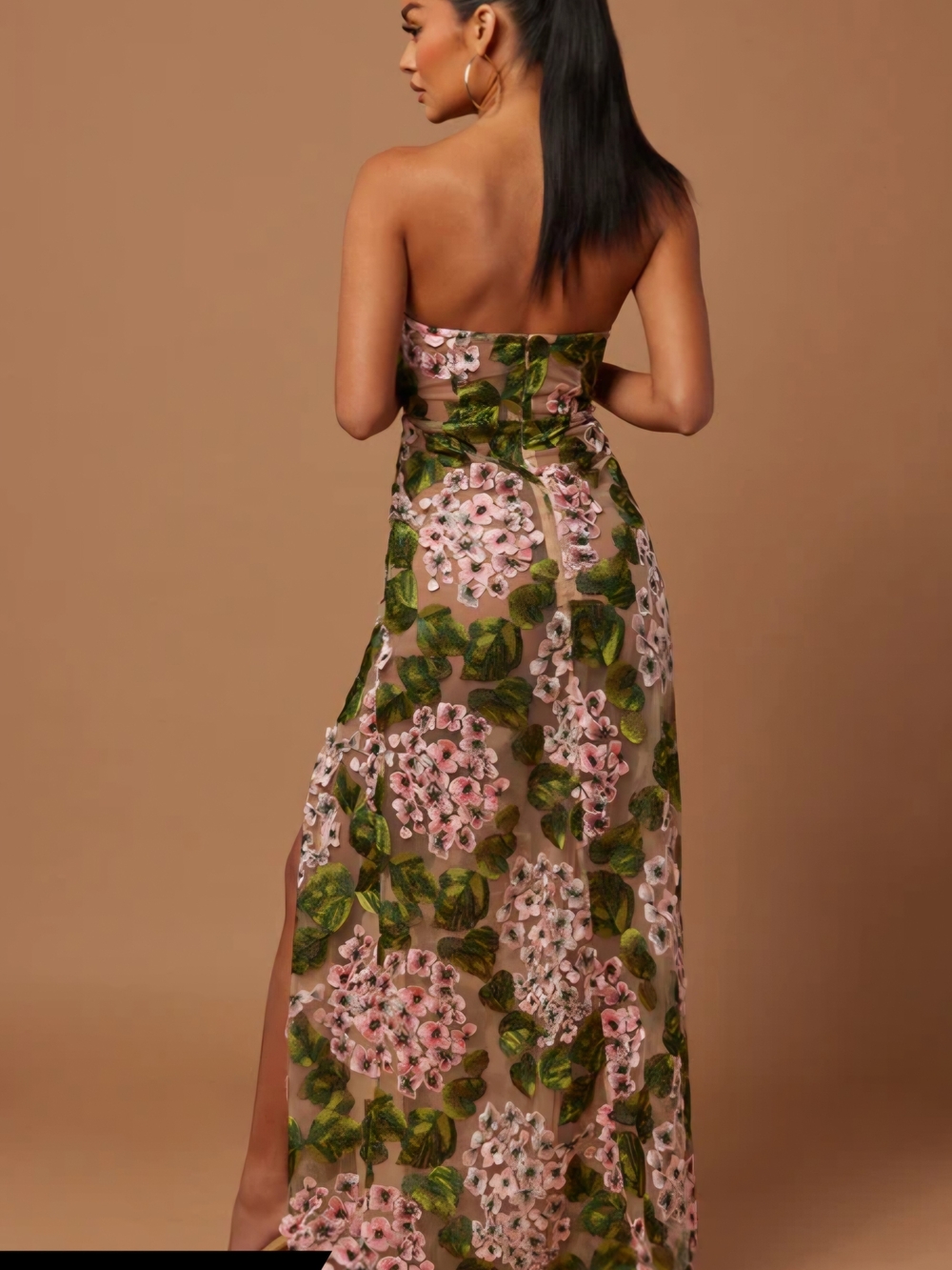 Fashion Nova Strapless Pink Floral Embroidered Gown with Green Leaf Accents - Picture 2 of 2